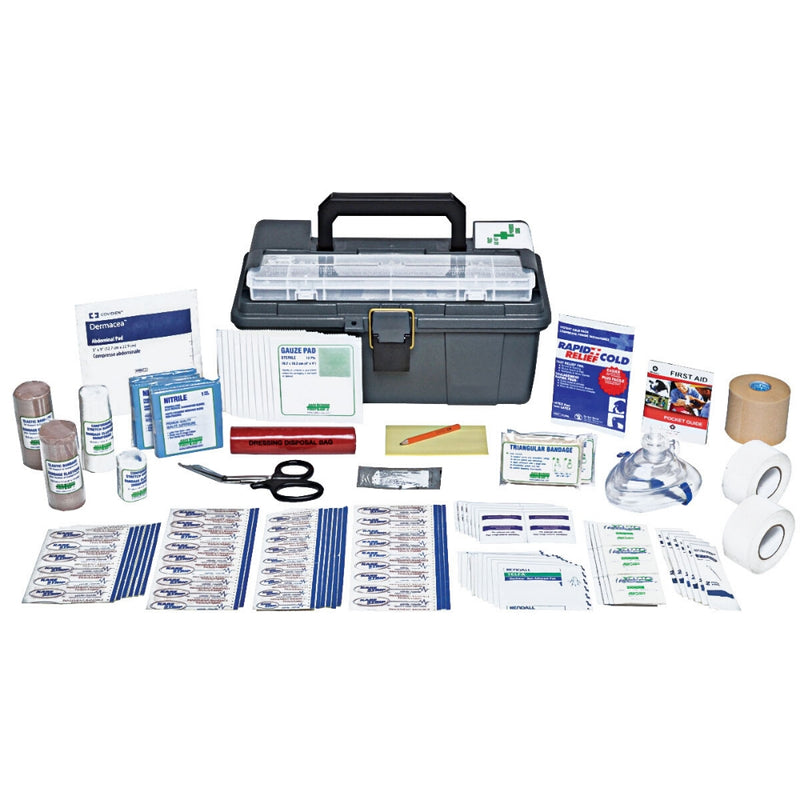 A plastic utility box used for storing a hockey first aid kit, accompanied by various first aid items like bandages, antiseptic wipes, and medical gloves displayed around the box.