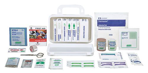  Contents of an Ontario provincial first aid kit for workplaces with 1-5 workers, displayed on a white background. Includes various medical items like bandages, antiseptic swabs, and a pocket guide.
