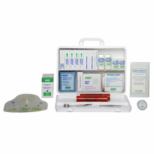 First aid kit with various supplies on a white background