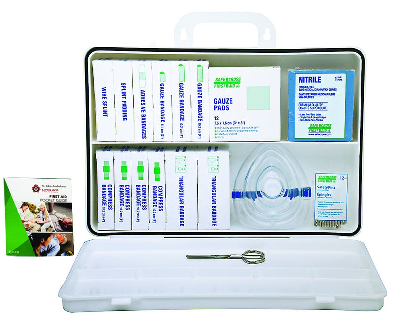 A plastic first aid kit with a gasket, including various bandages, antiseptic wipes, and medical gloves, displayed with its contents organized and visible through the clear case.