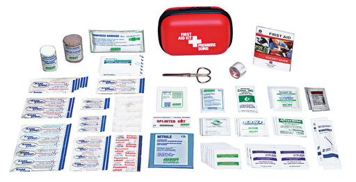 A first aid kit with various medical supplies displayed, including bandages, antiseptic swabs, and other first aid items, with a red nylon carrying case.