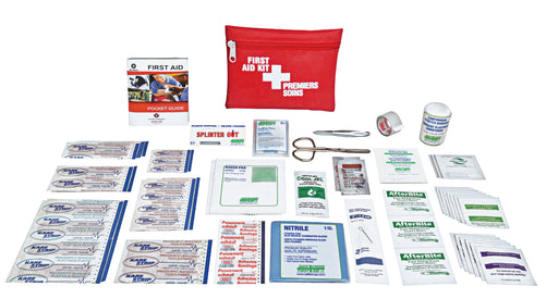 A first aid kit containing various medical supplies like bandages, antiseptic swabs, and a nylon belt pack.