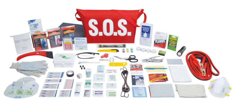 A red emergency kit bag labeled 'S.O.S' First Aid Supplies for car