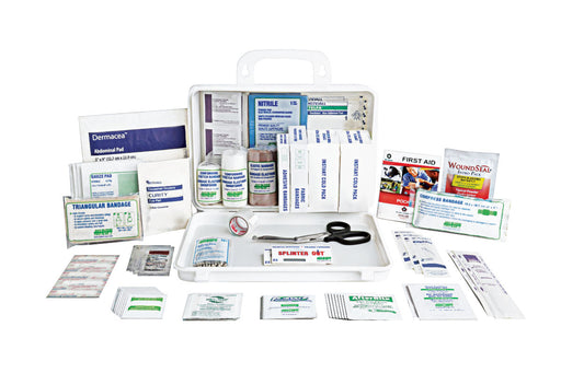 Comprehensive sports first aid kit in a durable plastic case. Weather and water resistant with carry handle and wall-mount option for team safety.