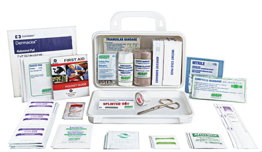 A first aid kit with various medical supplies spilling out, including bandages, antiseptic swabs, and a plastic waterproof tape, with a white carrying case.