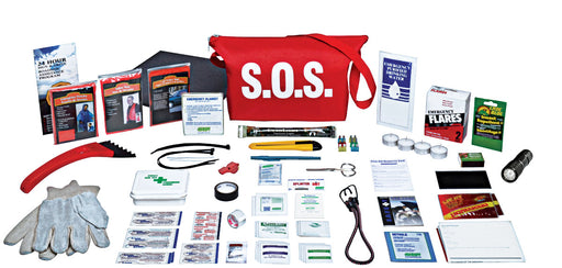 A collection of emergency roadside assistance supplies including first aid items, safety vest, and tools displayed on a white background.