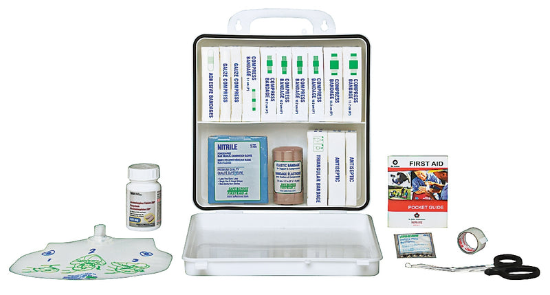 An open plastic first aid kit displaying various bandages, antiseptic wipes, and medical gloves, among other items.