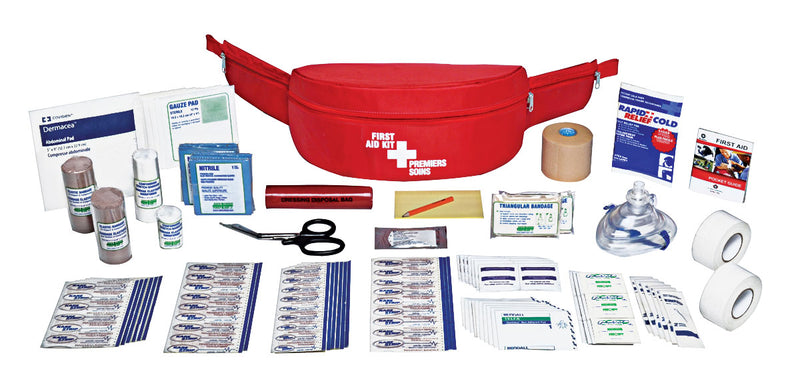 Assorted first aid items including bandages, antiseptic towelettes, a waist pouch, and other first aid supplies, displayed on a white background.