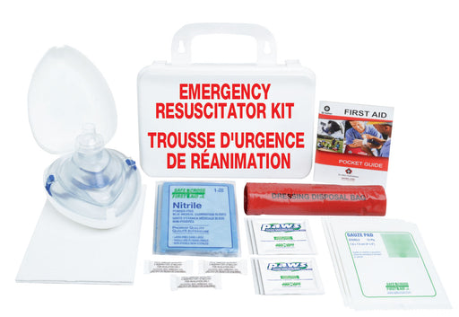 An emergency resuscitator kit displayed on a white background, including a plastic case, face mask, waste bags, gloves, hand wipes, a first aid pocket guide, and paper towels.