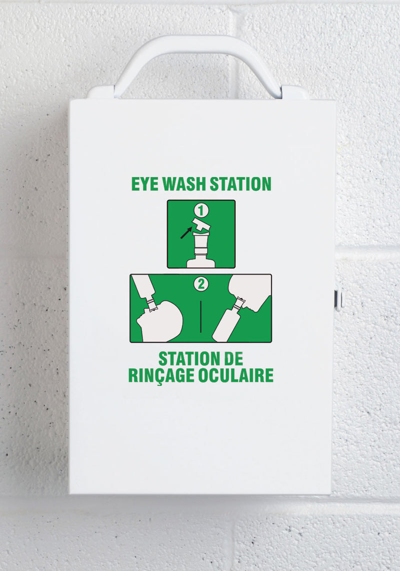 METAL EYE WASH STATION WITH 1 EMPTY EYE WASH BOTTLE