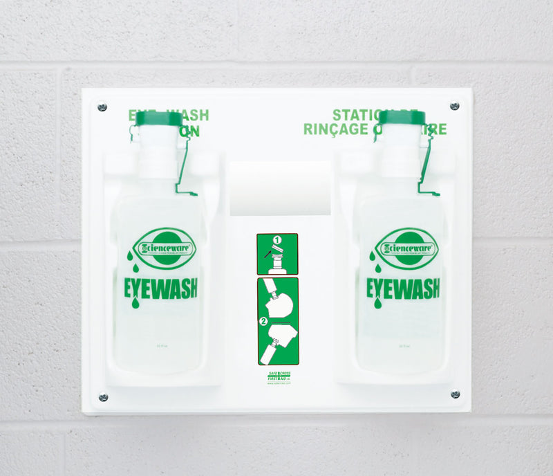 EYE WASH STATION WITH 2 EMPTY EYE WASH BOTTLES