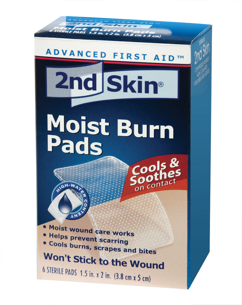 Box of 2nd Skin Moist Burn Pads, showing the product and its description on the front.