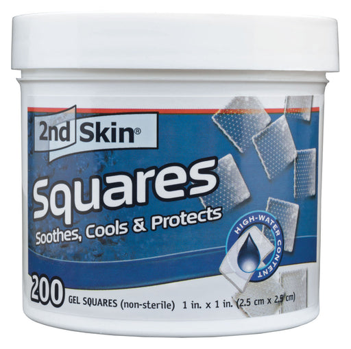 A container of 2nd Skin Squares medical tape with the label showing the product name, size, and uses. The tape is designed to soothe, cool, and protect skin.