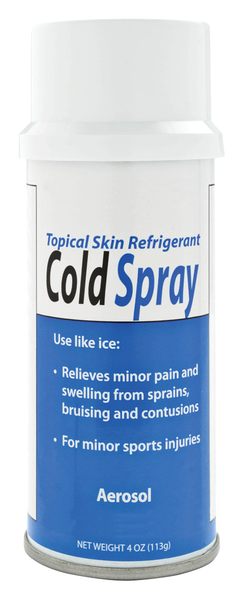 A can of COLD SPRAY topical skin refrigerant for treating strains, sprains and muscle spasms.