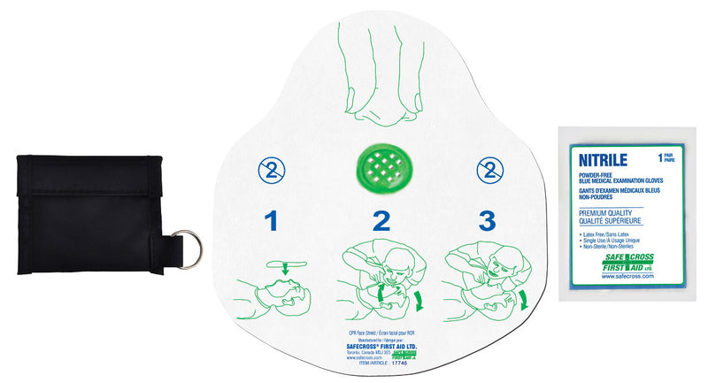 CPR FACE SHIELD IN NYLON POUCH w/1 PAIR NITRILE GLOVES