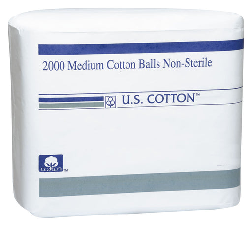 A pack of 2000 medium-sized non-sterile absorbent cotton balls, branded by U.S.