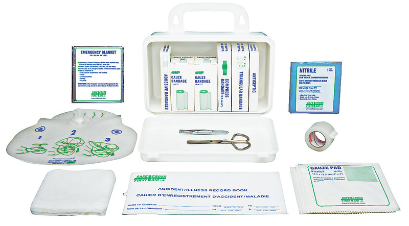 A plastic first aid kit open to display contents including alcohol antiseptic swabs, bandages, gauze pads, nitrile medical examination gloves, and more first aid items.