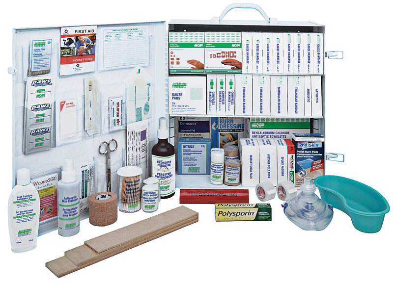 A metal first aid kit with a variety of medical supplies, including bandages, antiseptic swabs, and other first aid items, arranged inside the open cabinet doors.
