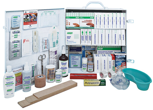 A metal first aid kit with a variety of medical supplies, including bandages, antiseptic swabs, and other first aid items, arranged inside the open cabinet doors.