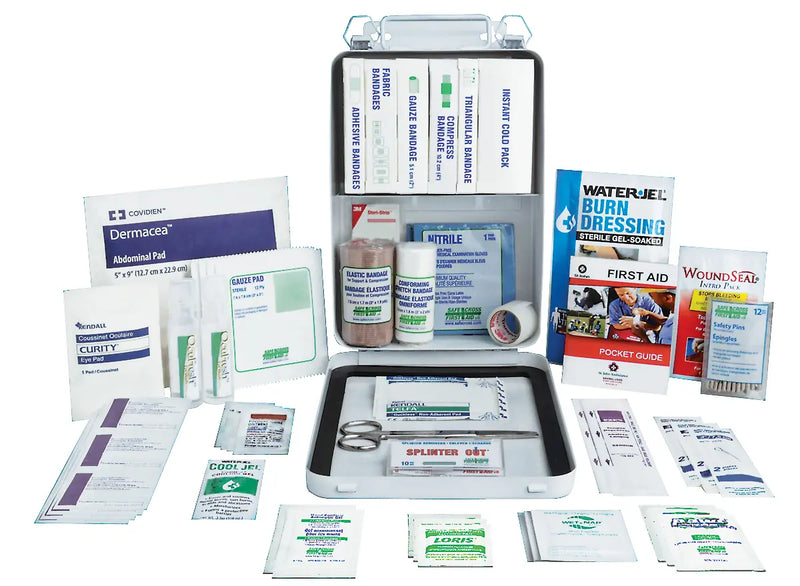 First aid kit with various supplies on a white background