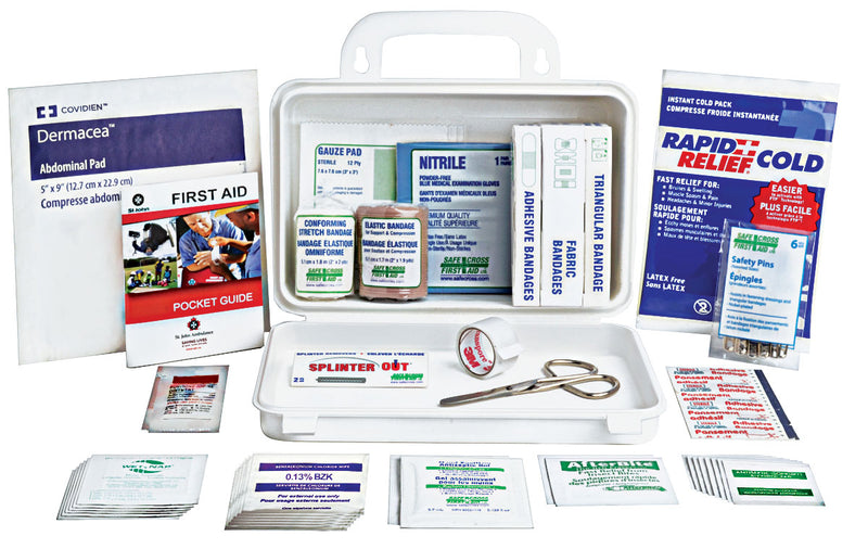 An all-purpose first aid kit with various bandages, antiseptic swabs, and first aid treatments displayed in a plastic case.