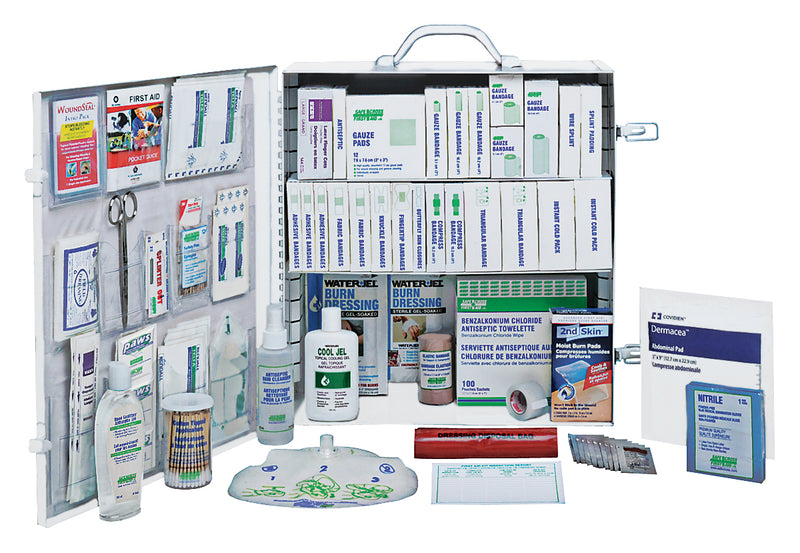 A complete first aid kit in a metal case, containing various medical items such as bandages, antiseptic swabs, and a CPR face shield.