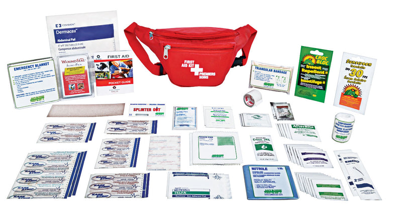 An array of first aid supplies including bandages, antiseptic swabs, a first aid guide, and more arranged out on a white background. A red nylon waist pouch is also included.