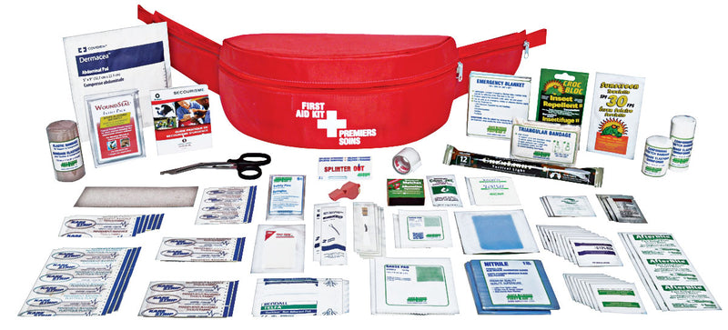 Deluxe first aid kit for hiking and camping, displayed with various medical supplies and a red nylon waist pouch.