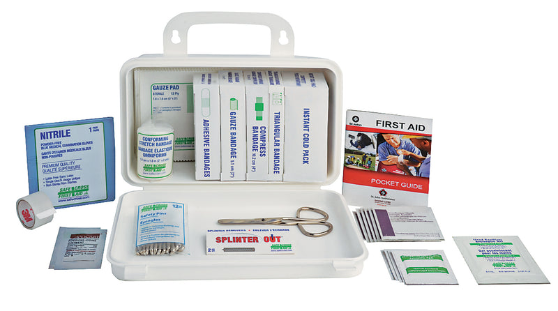 A plastic first aid kit for transport vehicles, including various medical supplies like bandages, antiseptic swabs, and a cold pack, displayed with its carrying handle and a guidebook.