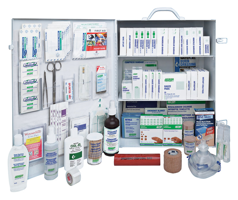 A metal first aid kit with its contents displayed, including various bandages, antiseptic swabs, and personal protective devices.