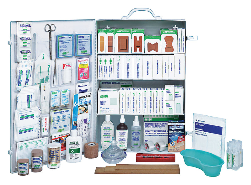 A metal first aid kit with various medical supplies arranged inside compartments, including bandages, antiseptic swabs, and personal protective equipment.