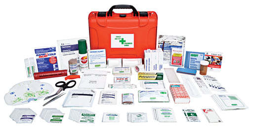 An extensive first aid kit with various medical supplies placed neatly outside of a plastic waterproof case, demonstrating the variety of items included such as sterile pads, antiseptic swabs, bandages, and protective devices.