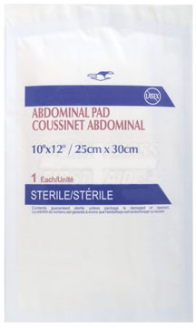 Sterile abdominal pad packaging with product visible through the transparent window, labeled as 10"x12" size.