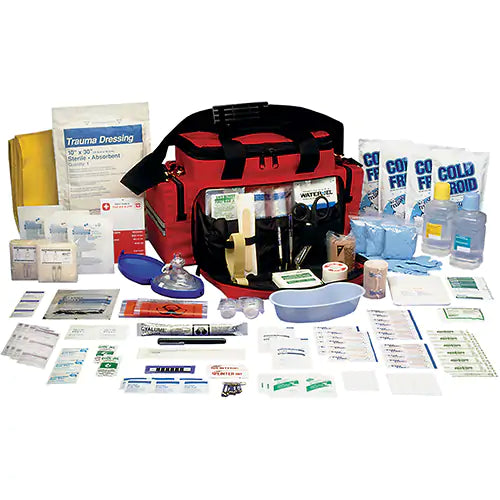 First aid kit with various medical supplies on a white background