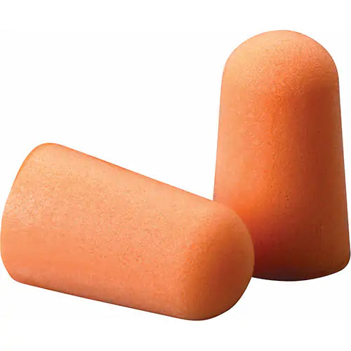 A pair of bright orange foam ear plugs against a white background.