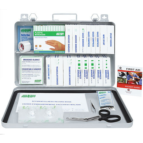 A metal first aid kit box opened to display various bandages, antiseptic wipes, and other first aid items with a 'First Aid Kit' label on the cover.