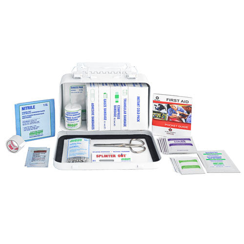 A first aid kit containing various medical supplies such as antiseptic swabs, bandages, ointment, and gloves displayed on a white background.