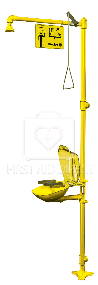 BRADLEY, SHOWER w/EYE/FACE WASH, PLASTIC BOWL & COVER, FLOOR-MOUNTED