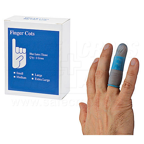 FINGER COTS, BLUE, LATEX, LIGHTLY POWDERED, SMALL, 144's