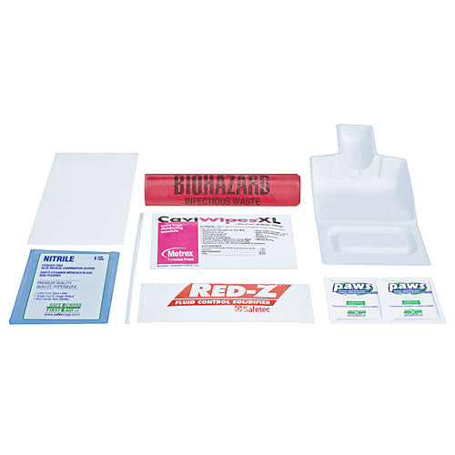 Biohazard spill kit contents laid out on a white background, including disinfectant wipes, gloves, a scoop, waste bags, and other cleaning supplies.
