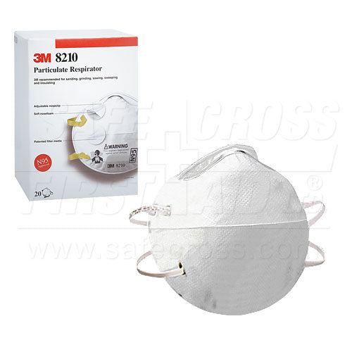 A white 3M N95 particulate respirator mask with adjustable loops and a nosepiece, displayed alongside its packaging box.