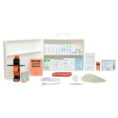 A plastic first aid kit box opened to display various bandages, antiseptic wipes, eye dressing pads, and other first aid items.