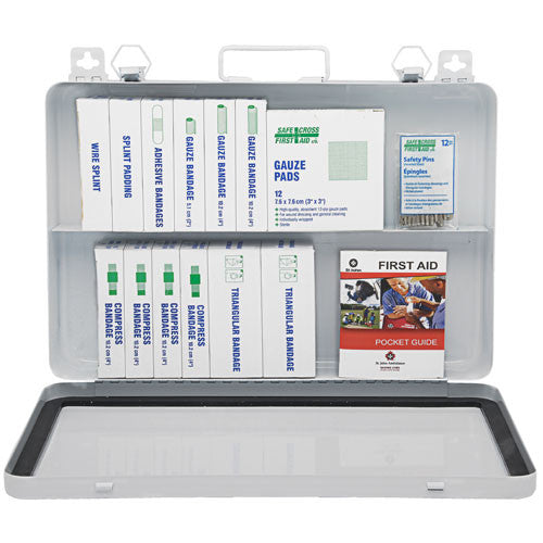Metal first aid Kit for Ontario Section 9. Contains medical supplies including Gauze, bandages, safety pins, Splints, Compress, Triangle bandages