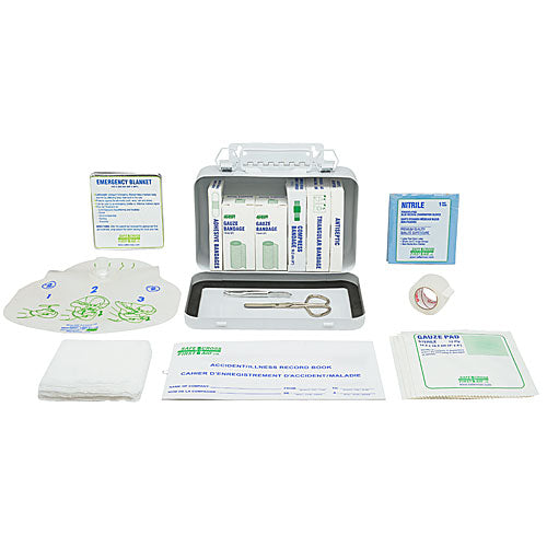 A first aid kit with various supplies displayed, including bandages, antiseptic swabs, a CPR face shield, and more, packaged in a metal case with a gasket.