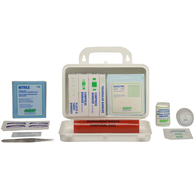 A plastic first aid kit containing various bandages, antiseptic wipes, and other first aid items, displayed with its contents arranged neatly in compartments.