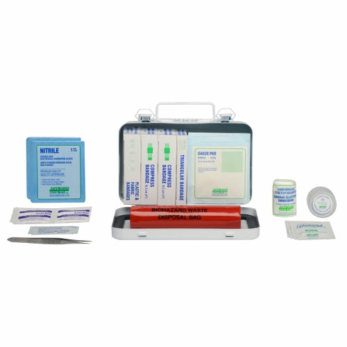 A metal first aid kit with a gasket, including various bandages, antiseptic towelettes, and other first aid items displayed around the kit.