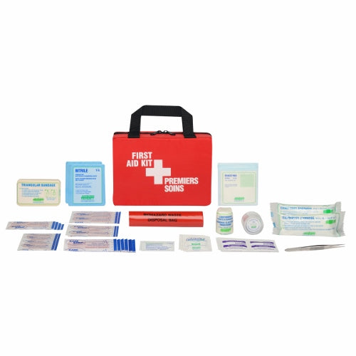A red nylon first aid kit by PREMIER with the contents displayed in front, including bandages, antiseptic wipes, and other first aid items.