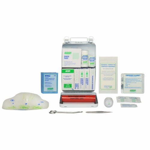 First aid kit including various medical supplies such as bandages, antiseptic towelettes, hand wipes, and a CPR face shield, displayed in front of a metal cabinet.