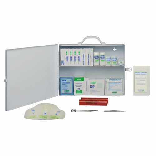 A large metal first aid kit with its contents displayed, including bandages, antiseptic wipes, and medical gloves.
