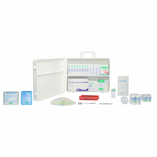 A plastic first aid kit box opened to display various bandages, antiseptic wipes, and other first aid items.